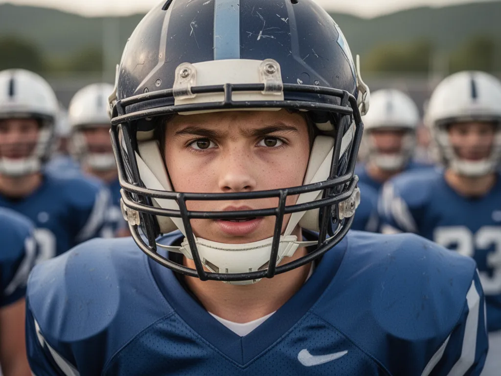Young football athlete in uniform displaying focused expression and competitive determination before game