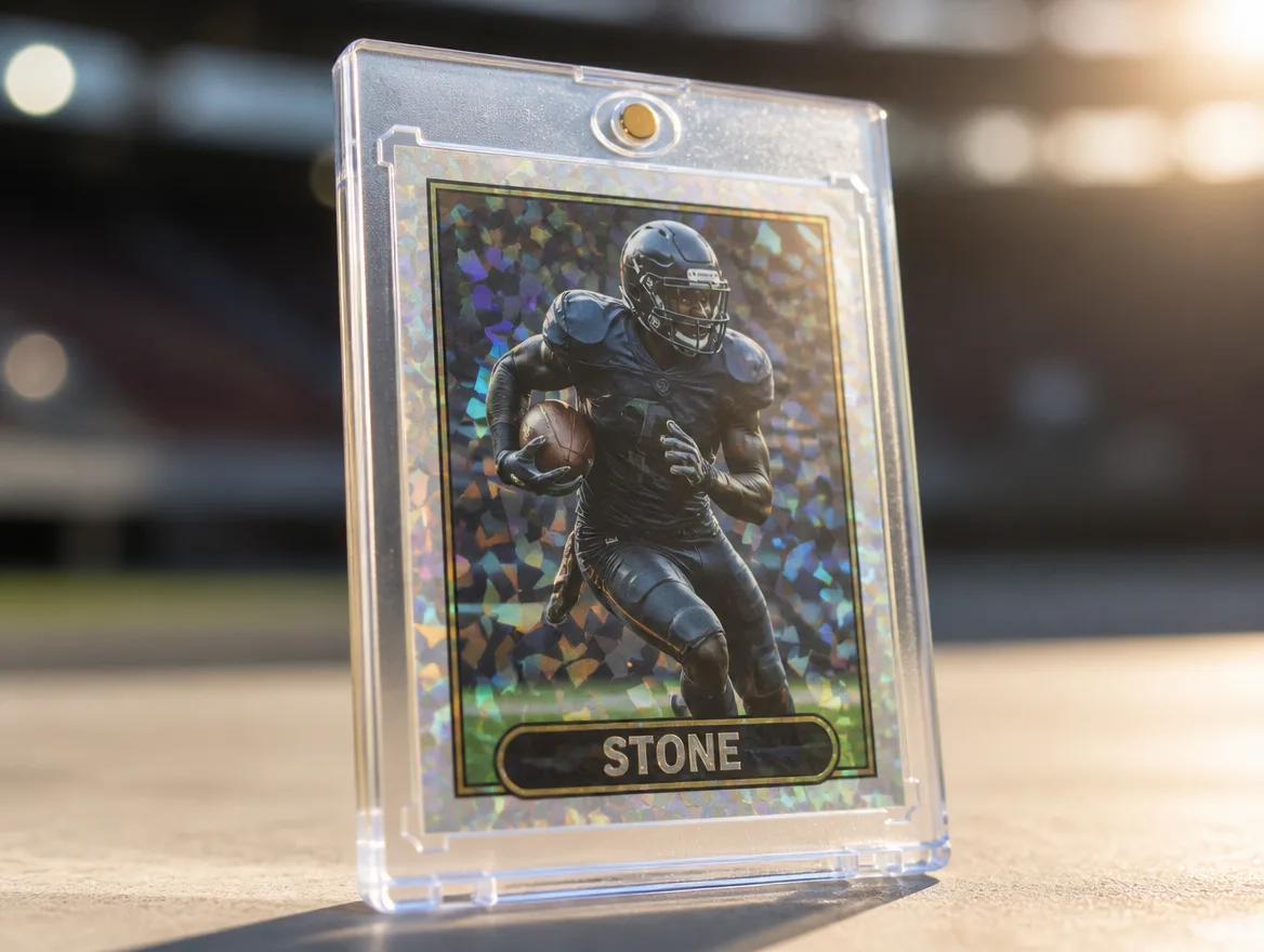 Custom football trading card standing in a premium magnetic case