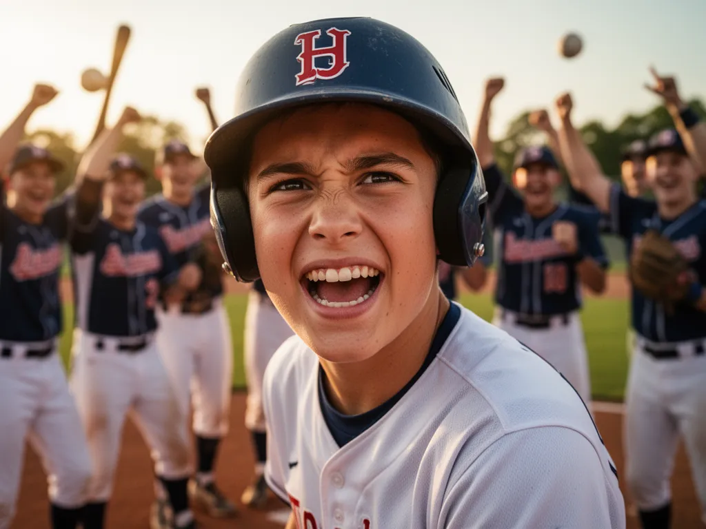 Young baseball player's determined expression with teammates celebrating in soft afternoon background light