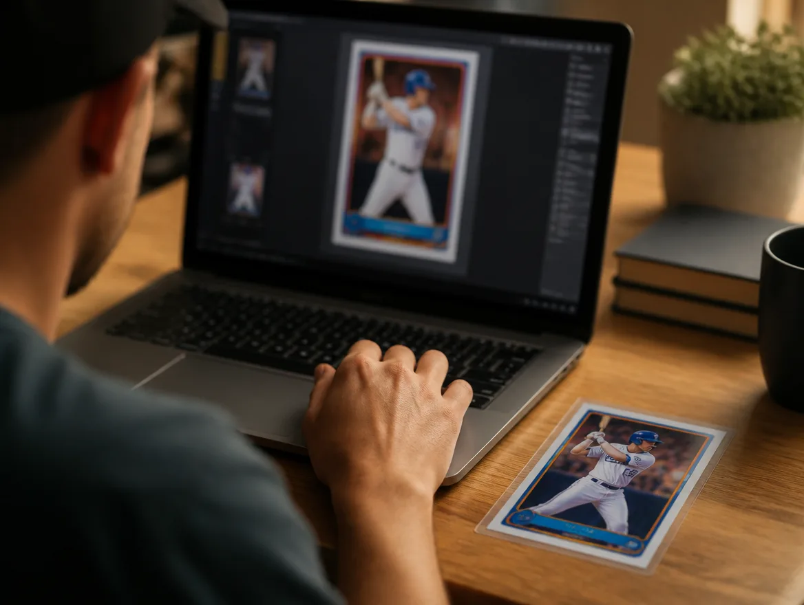 Person designing a custom card instead of a free baseball card template on a laptop
