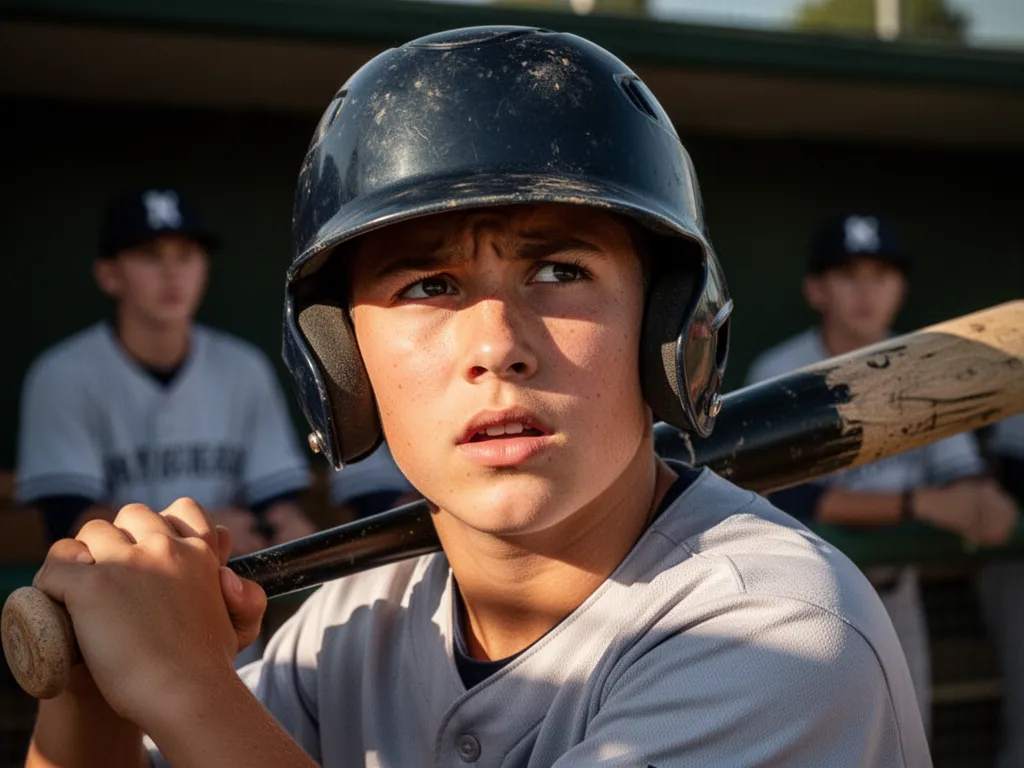 Young baseball player in helmet showing determination and focus before batting