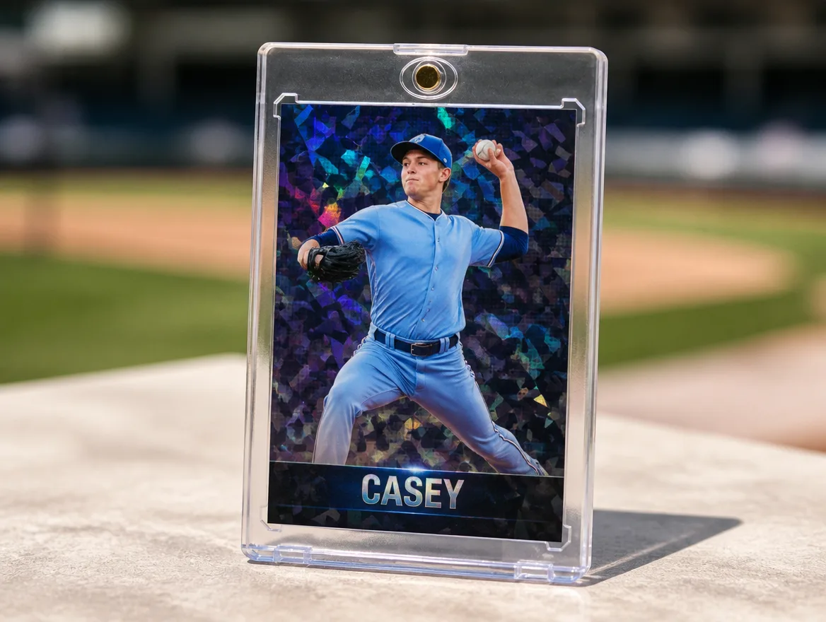 Custom baseball card standing upright in a clear magnetic case