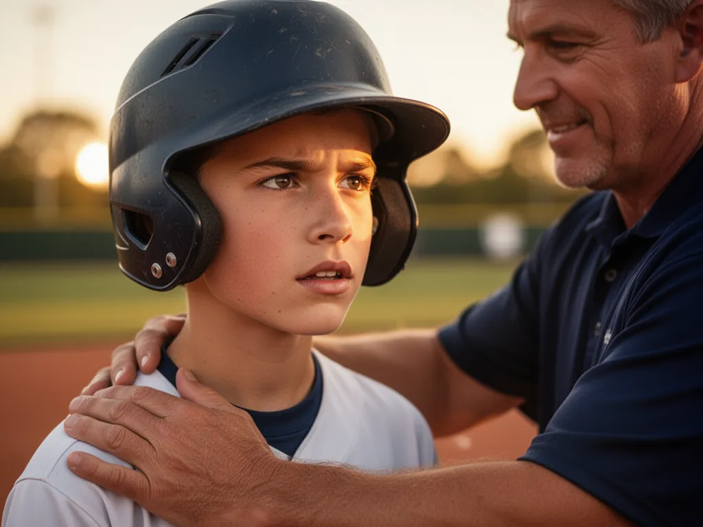 [Youth baseball player receiving encouragement from coach during moment of determination and growth]