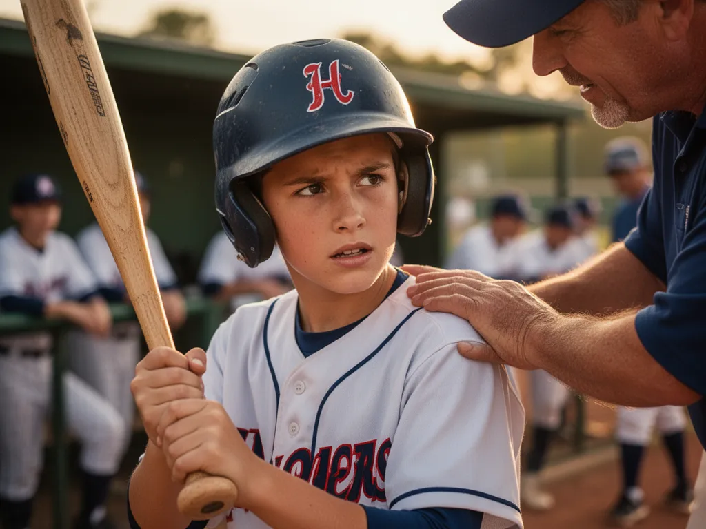 [Young baseball player holding bat with coach's supportive hand on shoulder during game]