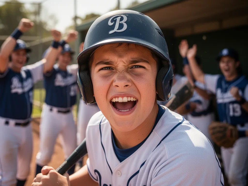 Young baseball player smiling with pride after successful hit, teammates cheering in background