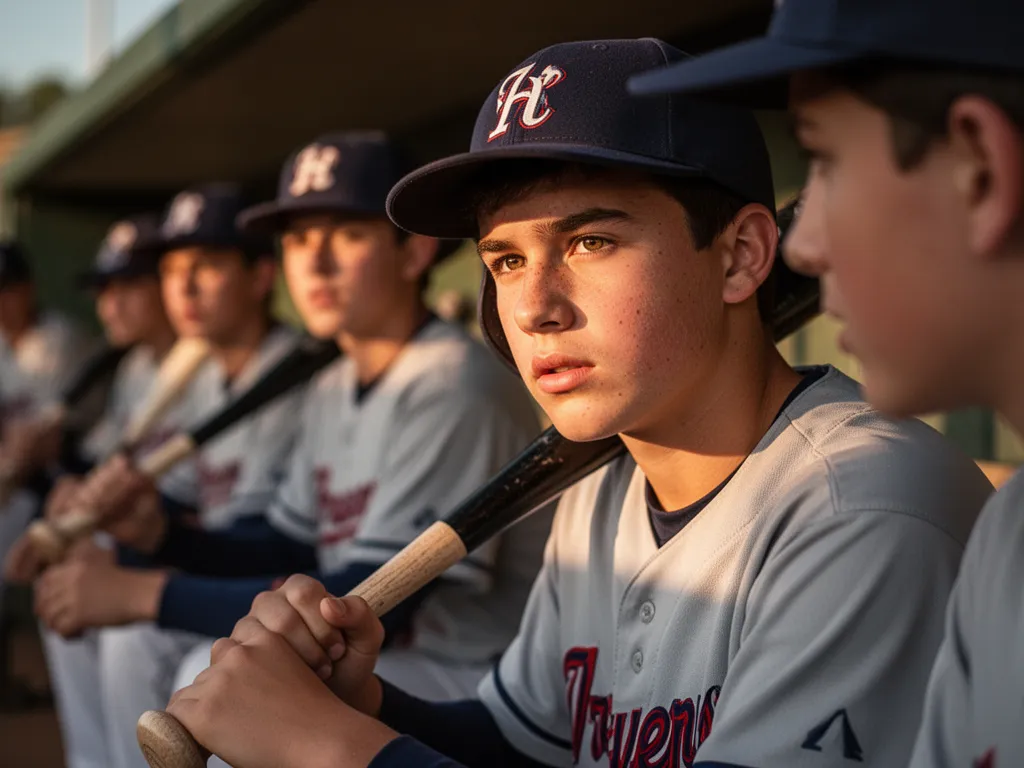 Young baseball player with determined expression sitting in dugout during game.