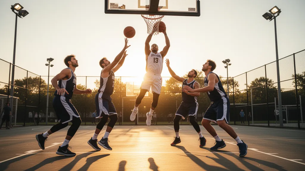 Basketball players in dynamic action during outdoor game with natural golden hour lighting and athletic movement