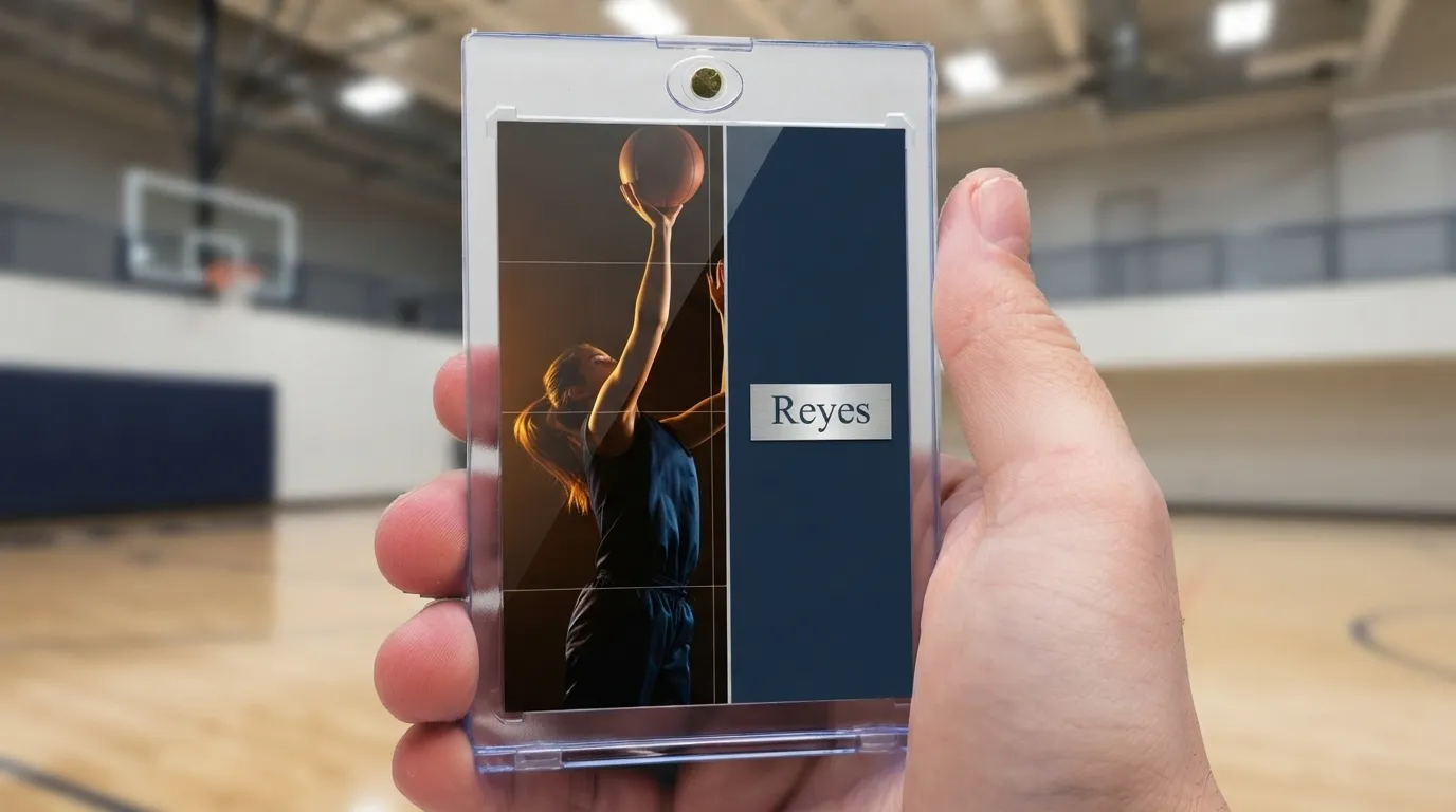 Hand holding magnetic case with free basketball card template showing player mid-jump-shot split design.