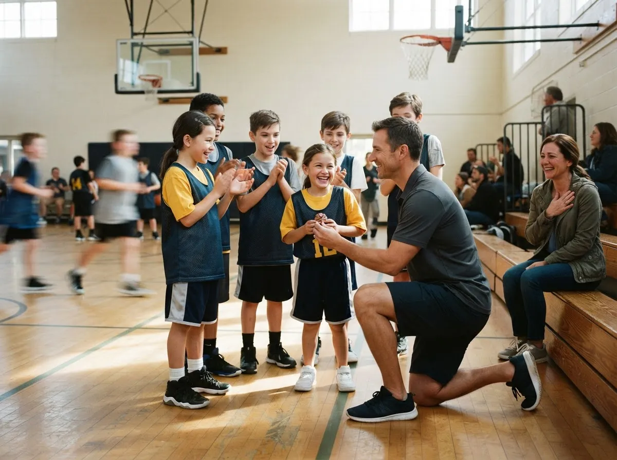 Coach and young basketball player share proud emotional moment in gymnasium with teammates.