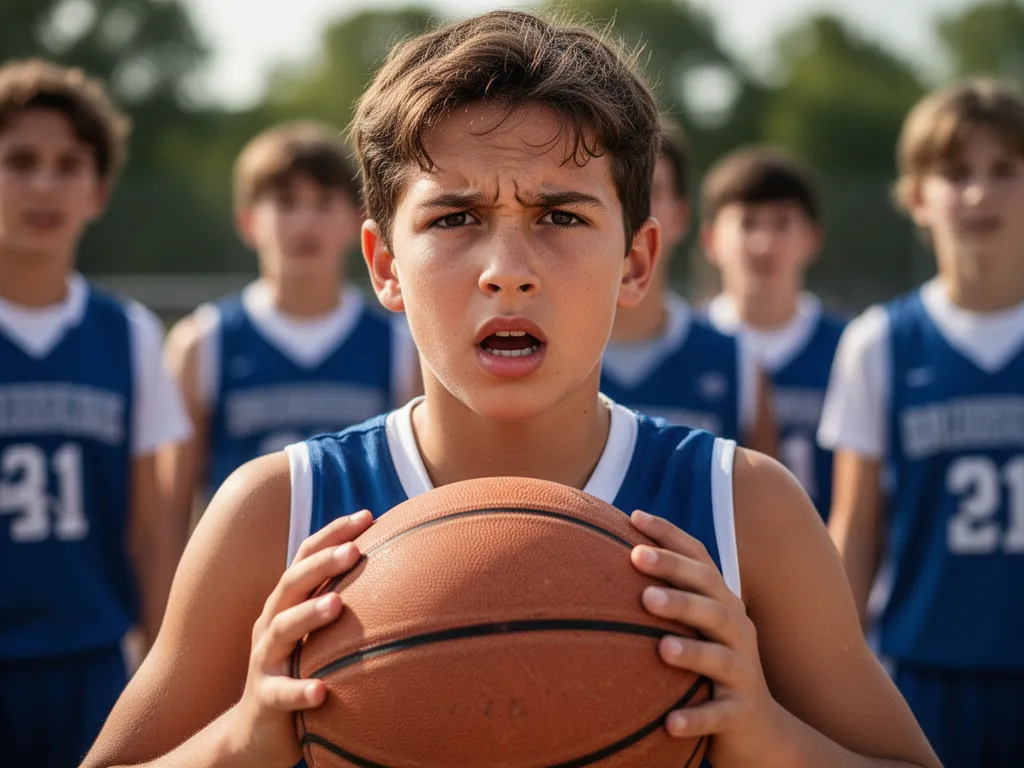 Young basketball player with focused expression holding ball, teammates visible in blurred background