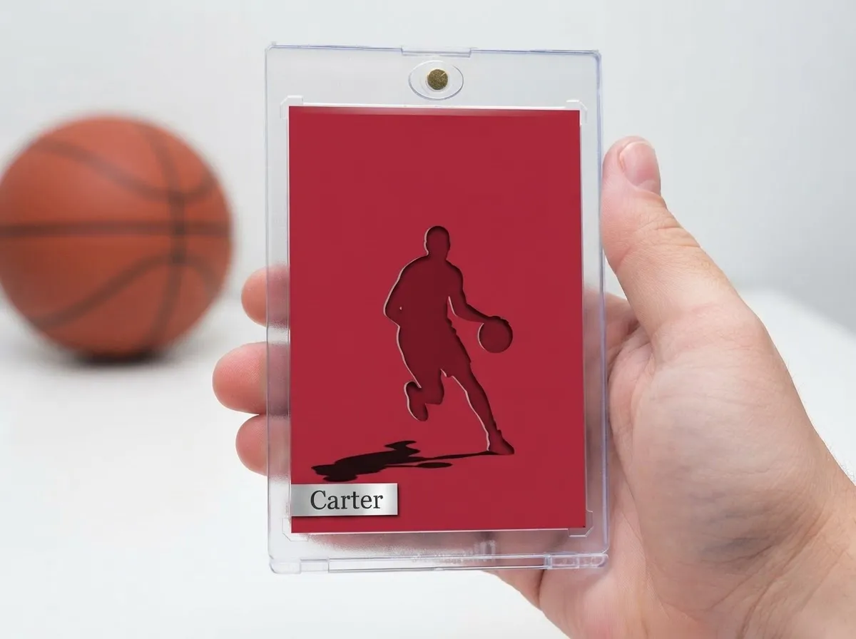 Custom basketball trading card in magnetic case, red editorial design with player silhouette.