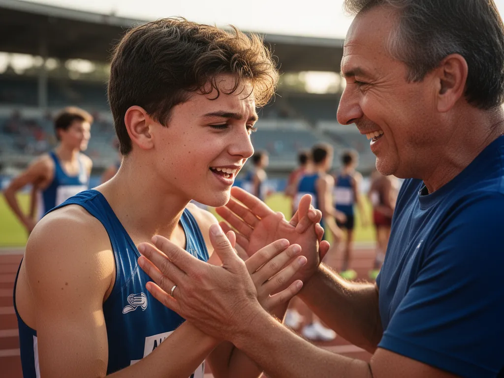 Coach or parent congratulating young athlete with proud expression and supportive hand on shoulder