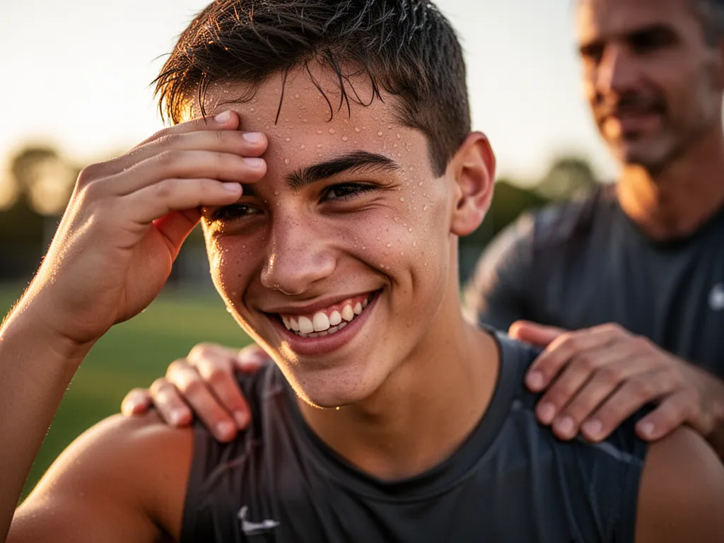 Young athlete showing pride and exhaustion after completing challenging training workout