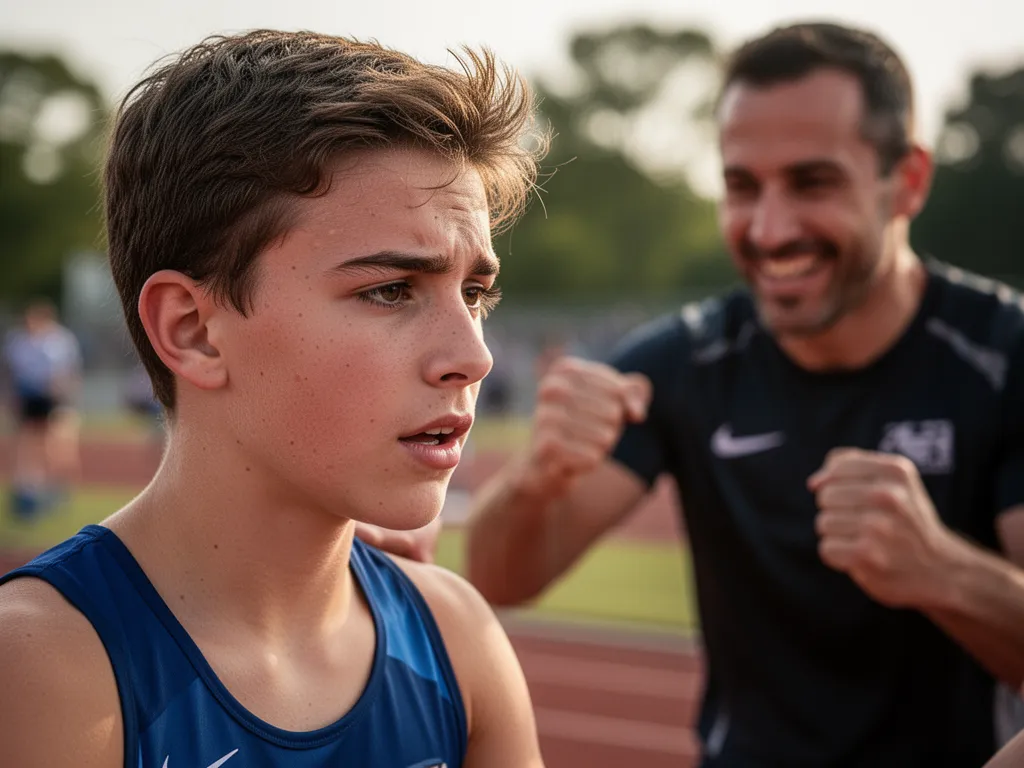 [Young athlete's determined expression with coach supportively visible in background]