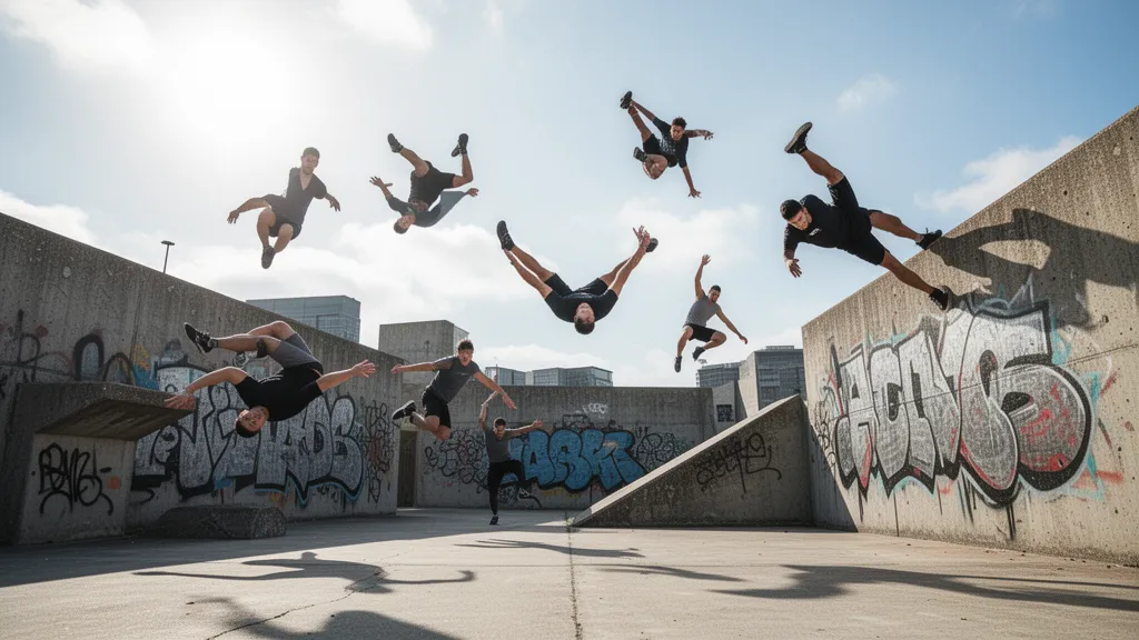 Multiple parkour athletes performing dynamic flips and runs across urban landscape in bright daylight
