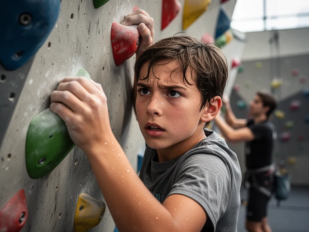 Young rock climber's focused face and hands gripping climbing wall with determined expression
