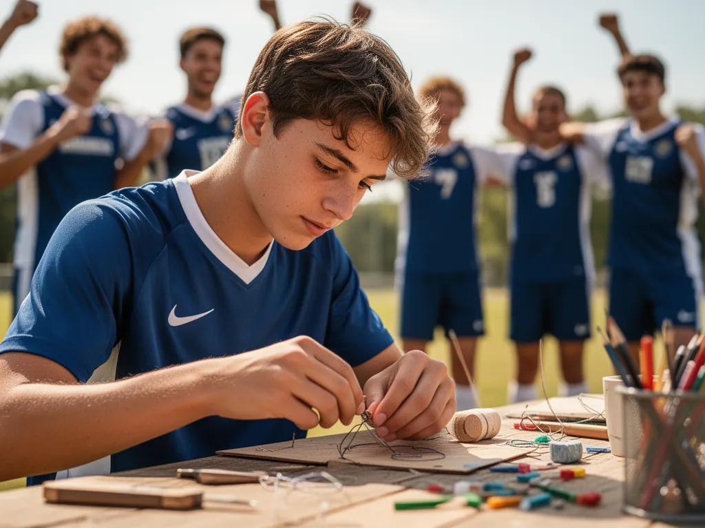 Young athlete concentrating intently on hands-on creative project with supportive people blurred in background