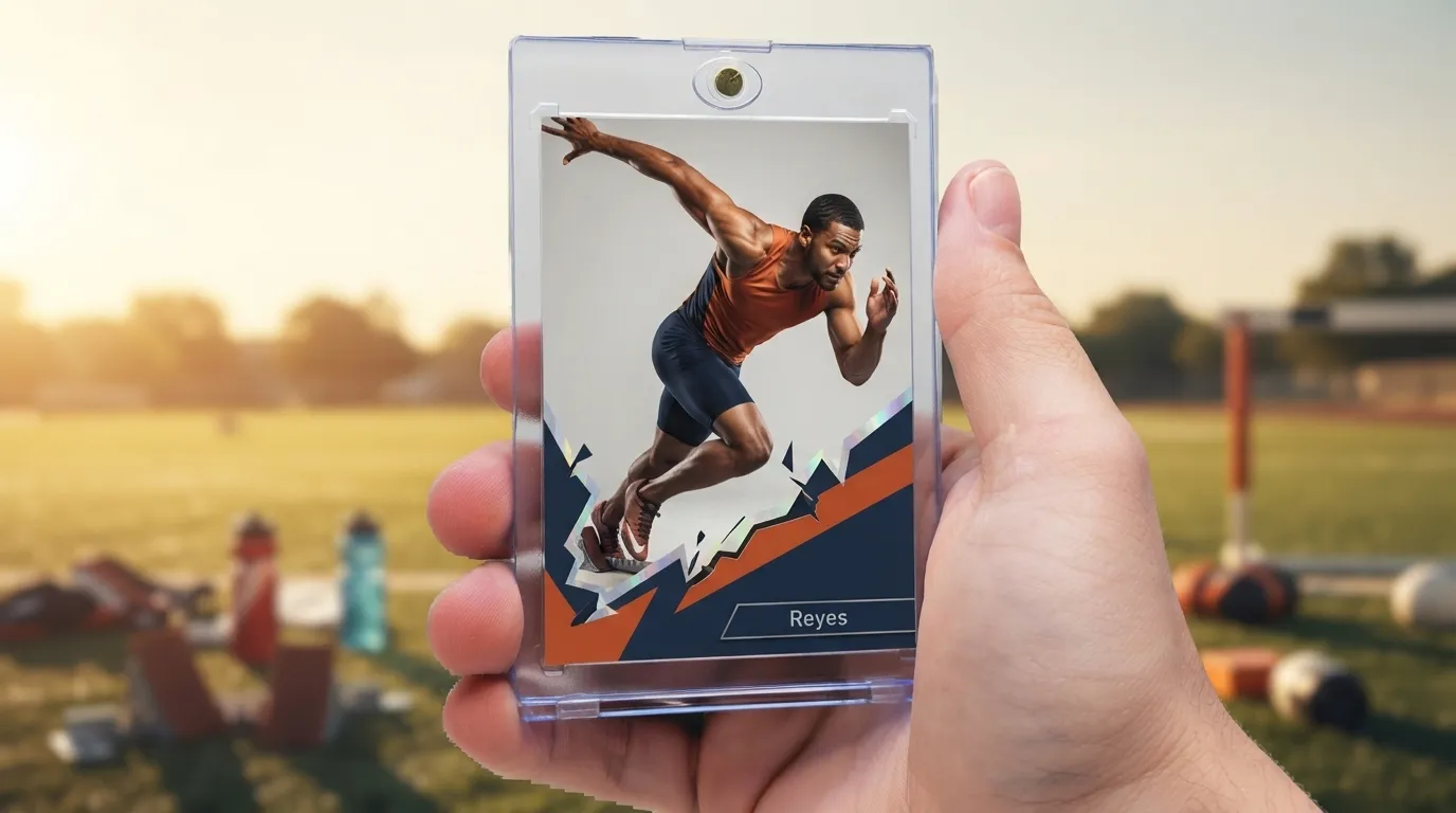 Hand holding magnetic case with free credit card template designed as a bold sprinter sports card.