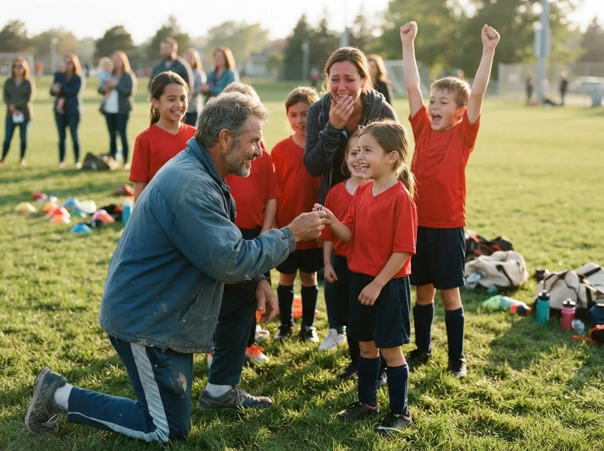 Coach and proud parents celebrate with young athlete on sunny sports field.