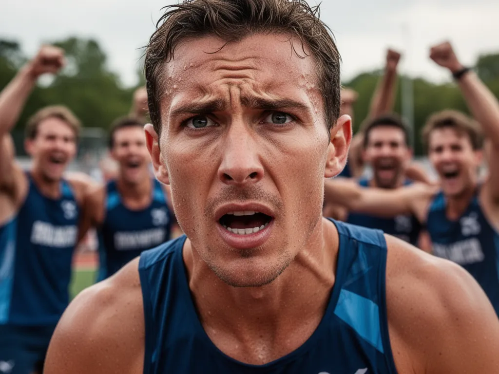 Athlete's focused expression during competition with cheering teammates blurred behind them