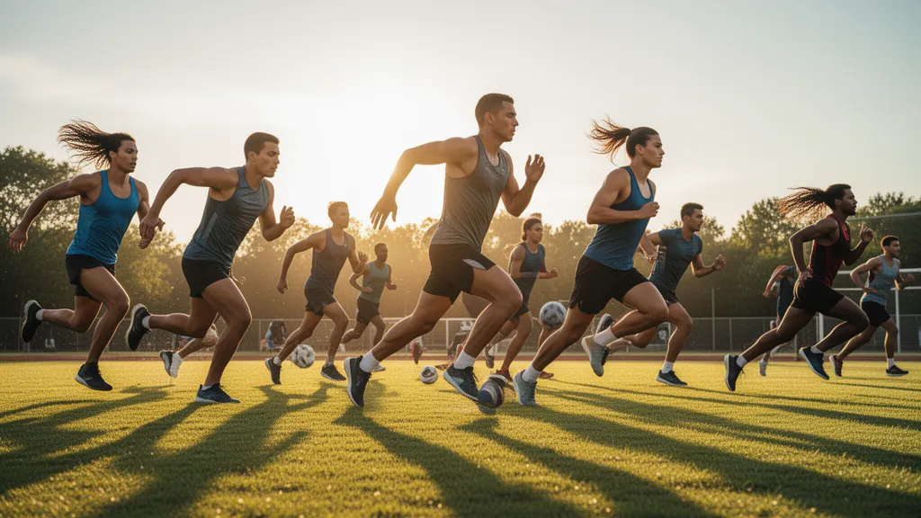 Multiple athletes running and competing outdoors in natural daylight with dynamic motion and energy