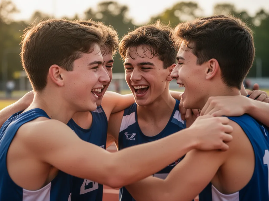 Athletes embracing in celebration with genuine joy and team camaraderie after sporting event