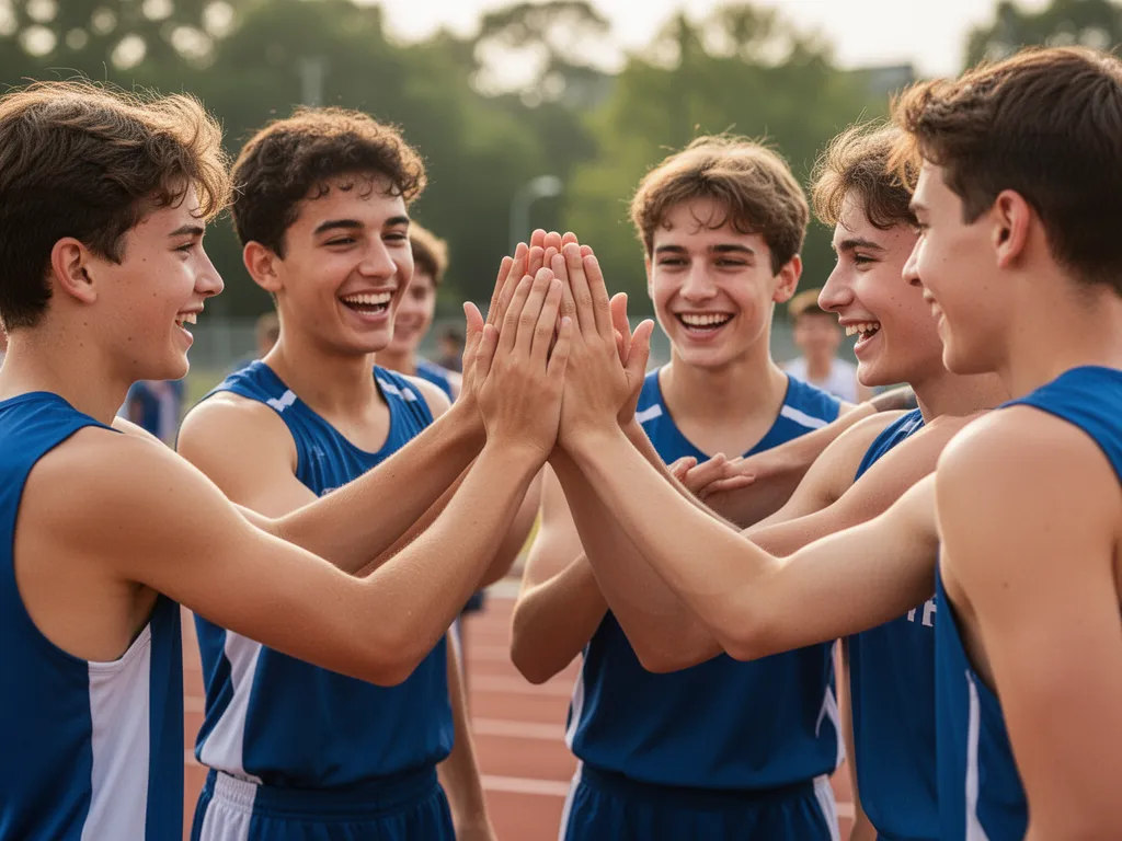 Young athletes celebrating together with high-five after sports competition outdoors