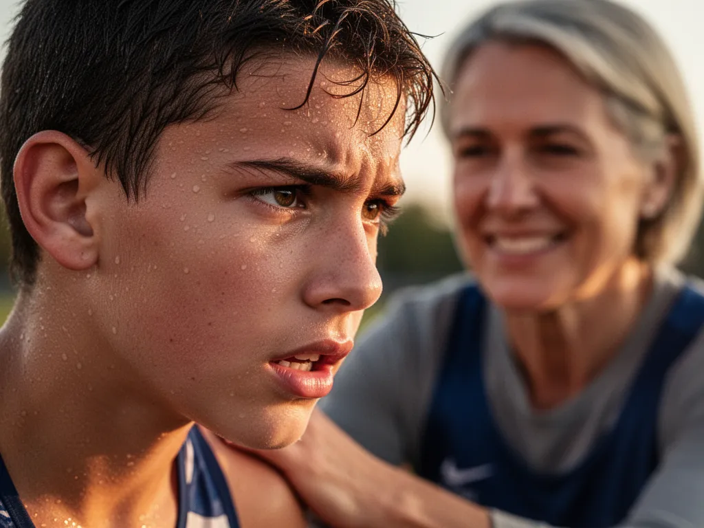 Determined young athlete's focused face during competition with supportive adult nearby