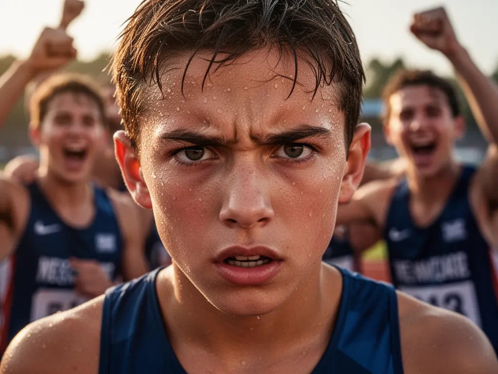 Young athlete's determined expression during competition with supportive teammates visible in background