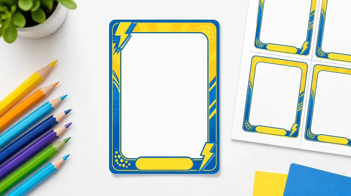 A blank trading card template with a bright cartoon-style border beside colored pencils and a printed sheet of blank cards