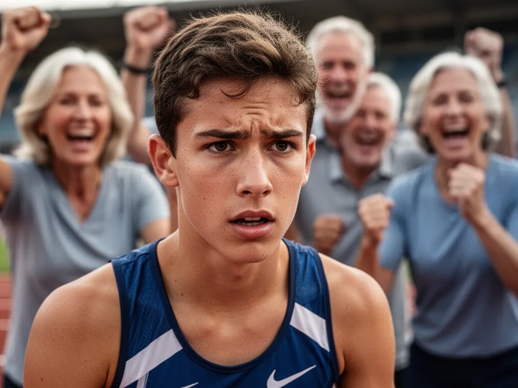 Young athlete's concentrated face during competition with proud parents celebrating supportively in background