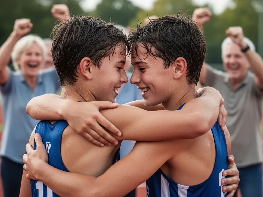 Athletes celebrating together with proud family members cheering in the background during competition