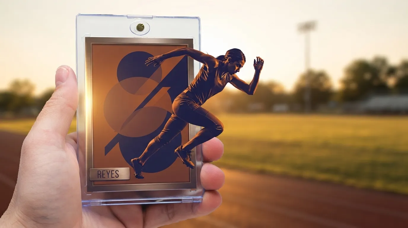 Hand holds magnetic case with free trading card maker duotone sprinter card at golden hour.