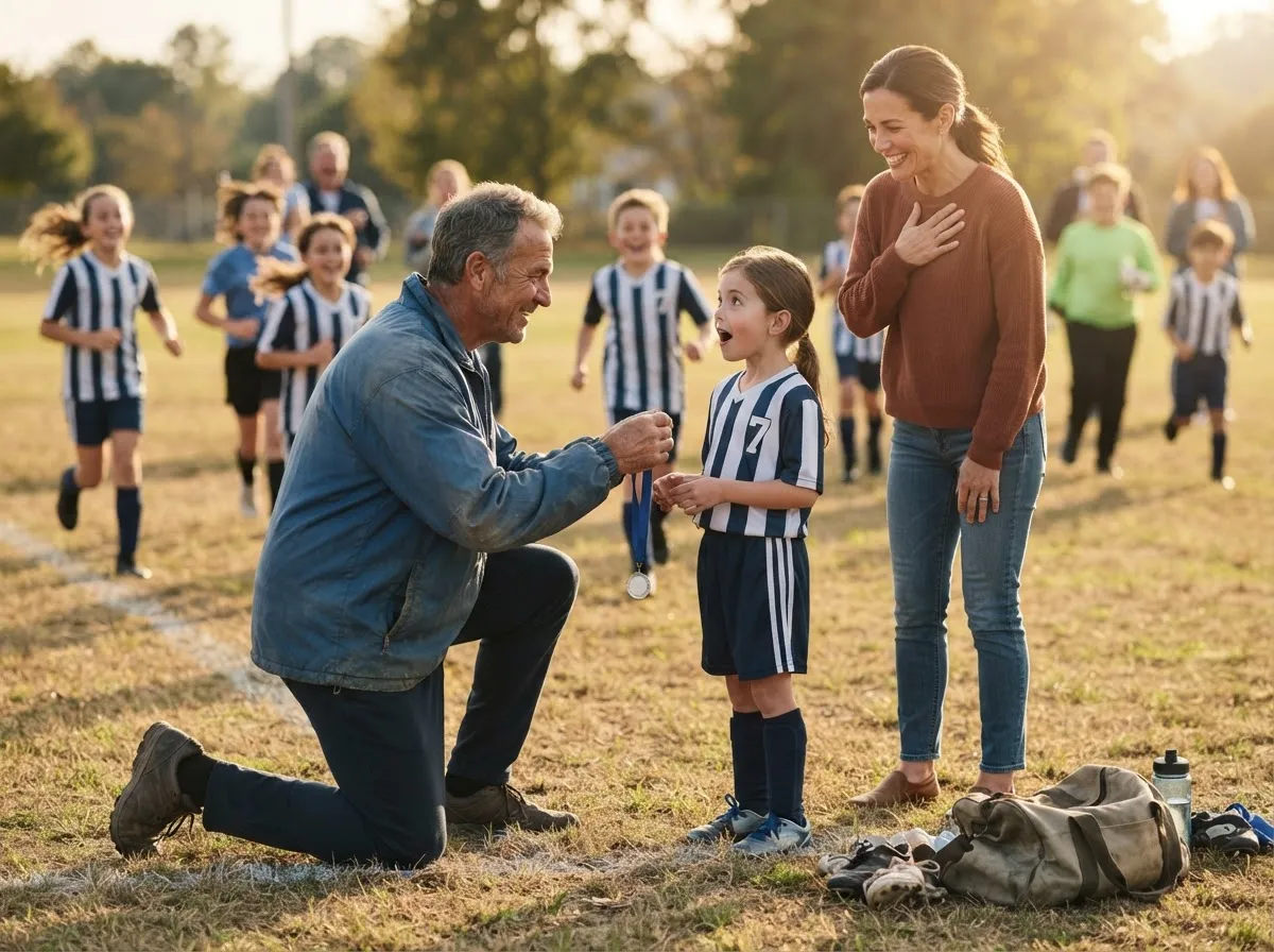 Coach shares a proud moment with young athlete as parent watches on sunny field.