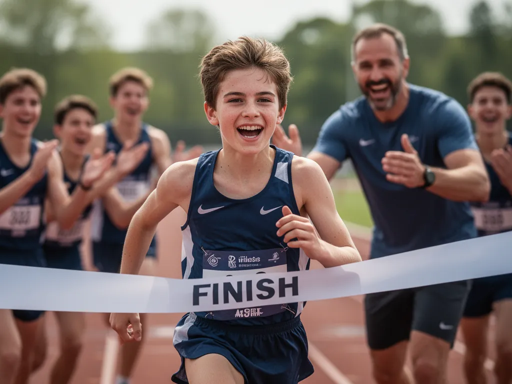 [Young athlete crossing finish line with triumphant expression while teammates celebrate behind]