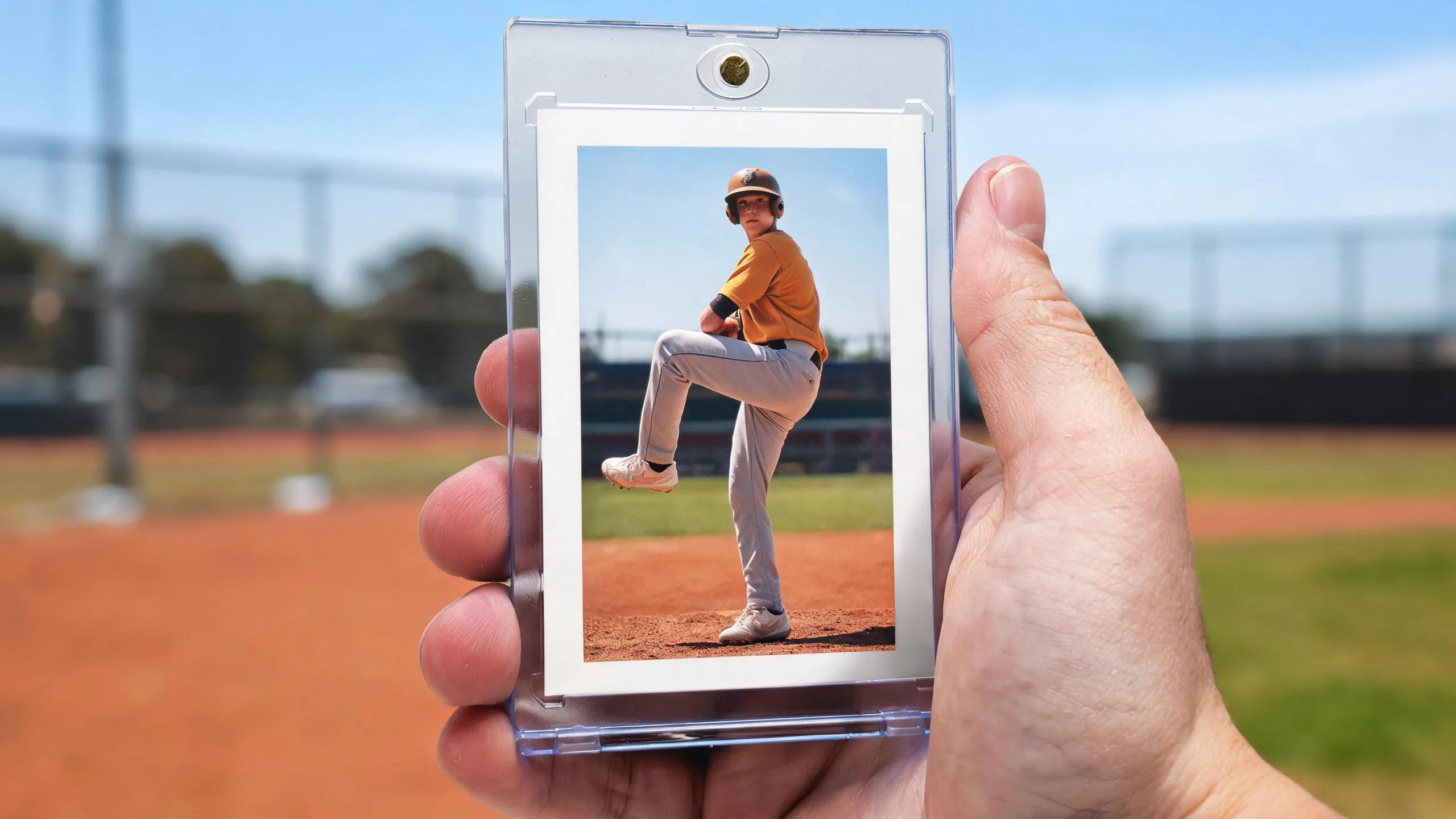 Front and back of a baseball card in a magnetic case, showing a pitcher mid-windup outdoors.