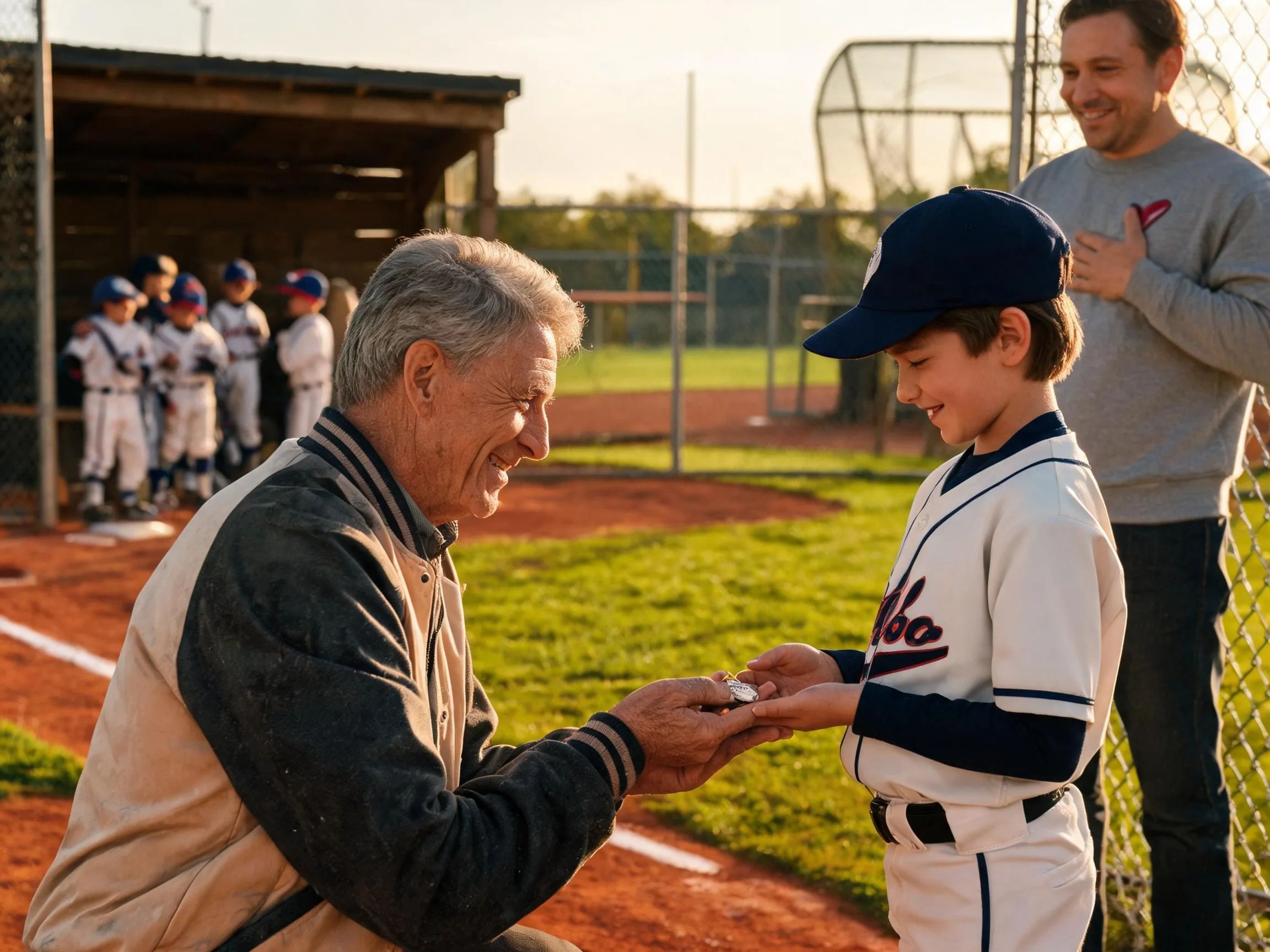 Coach and young athlete share an emotional moment on a sunlit baseball field.