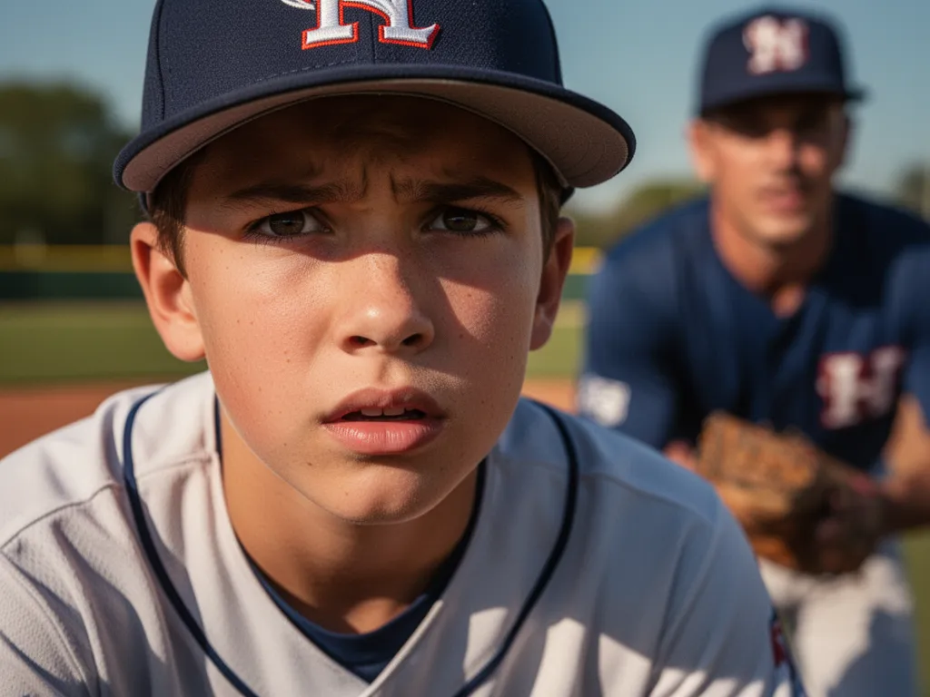 Young baseball player's focused expression wearing uniform and cap before batting