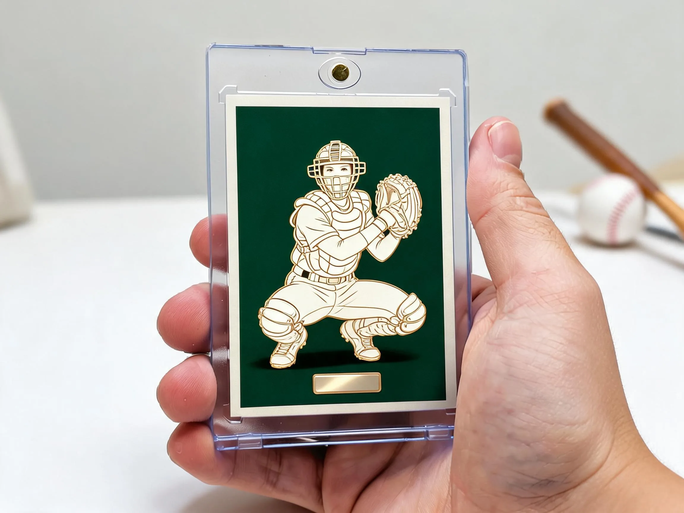 Custom baseball trading card in a magnetic case showing a catcher on a green background.