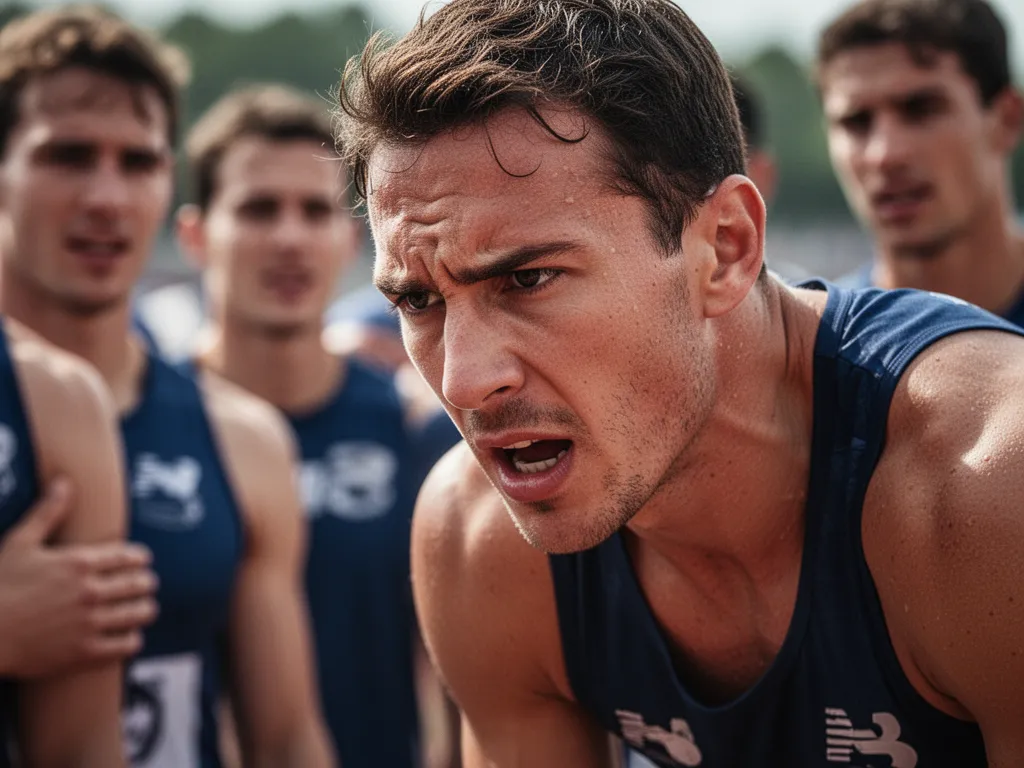 Athlete's concentrated expression during competitive moment with supportive teammates visible in background