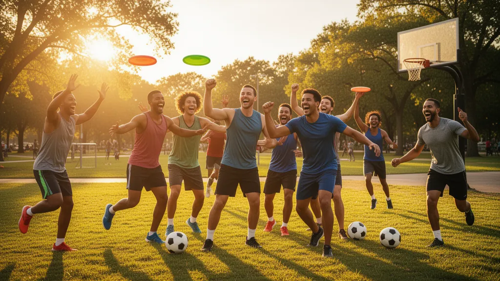 Diverse athletes celebrating and playing multiple sports together in a sunny park with golden hour lighting