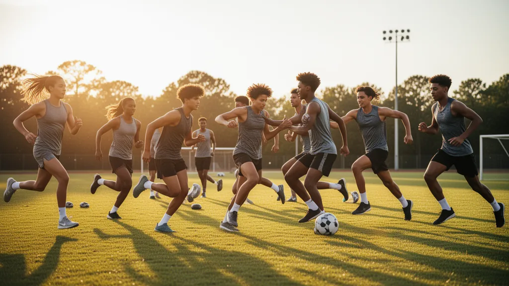 Young athletes running and training together outdoors on a sunny field during practice