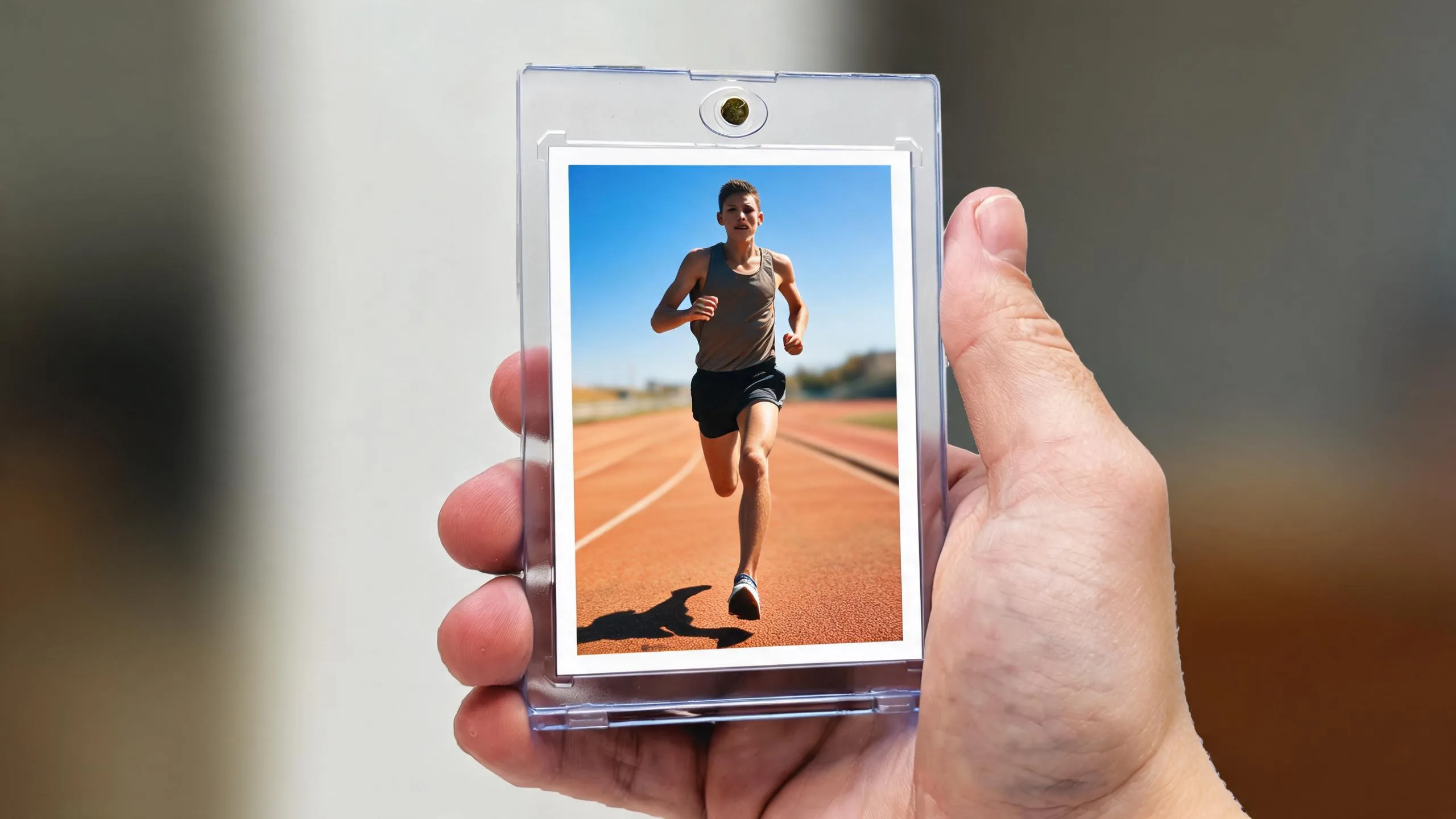 Hand holding magnetic case with athlete card, fundraiser for sports team keepsake display.