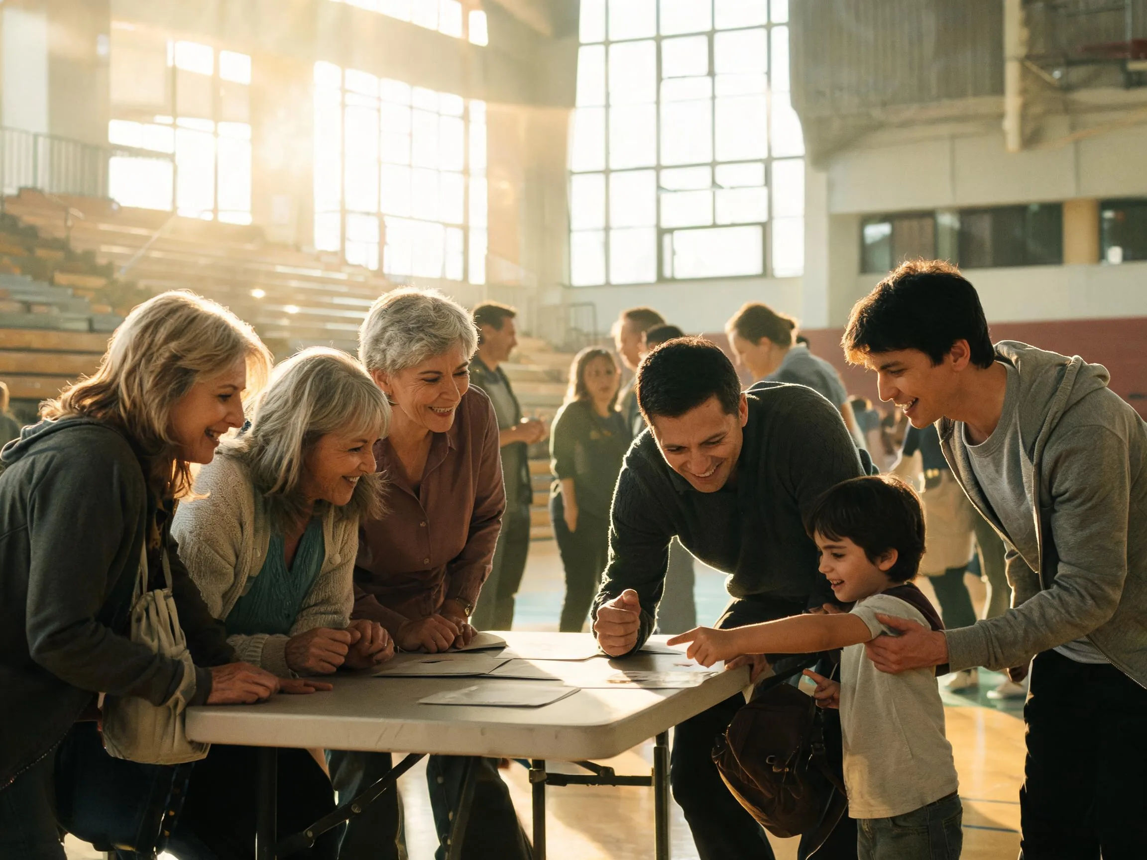 Families smiling together at a school gymnasium sports team fundraiser event table.