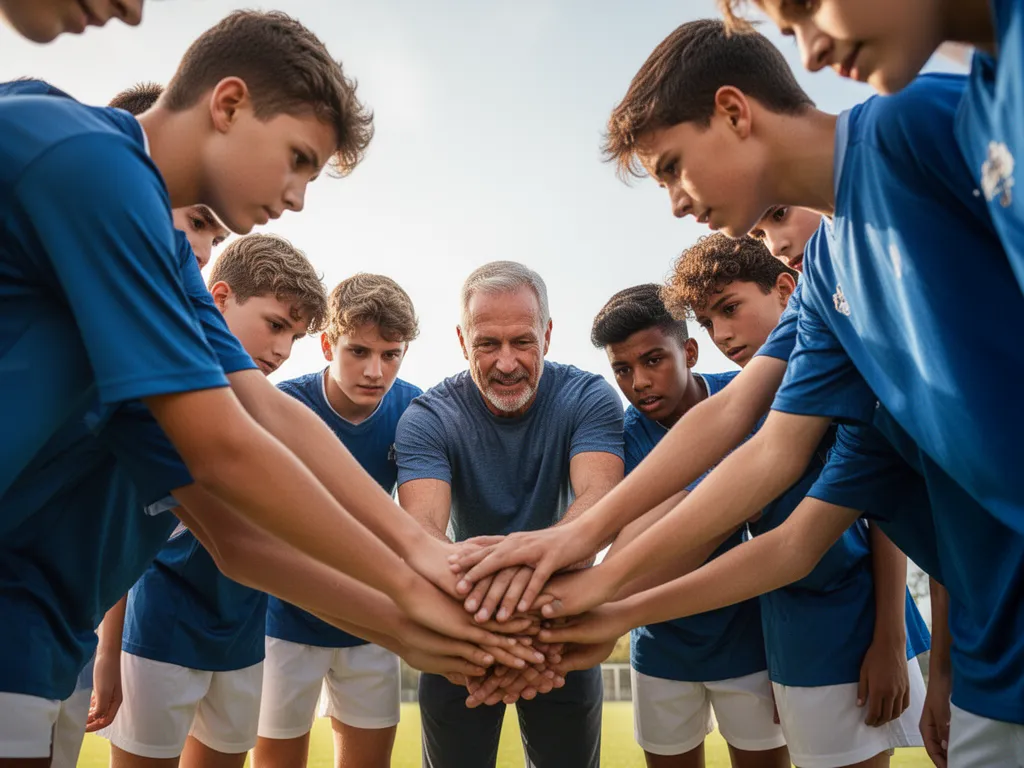 Coaches and young athletes gathered in a unified circle showing team spirit and determination