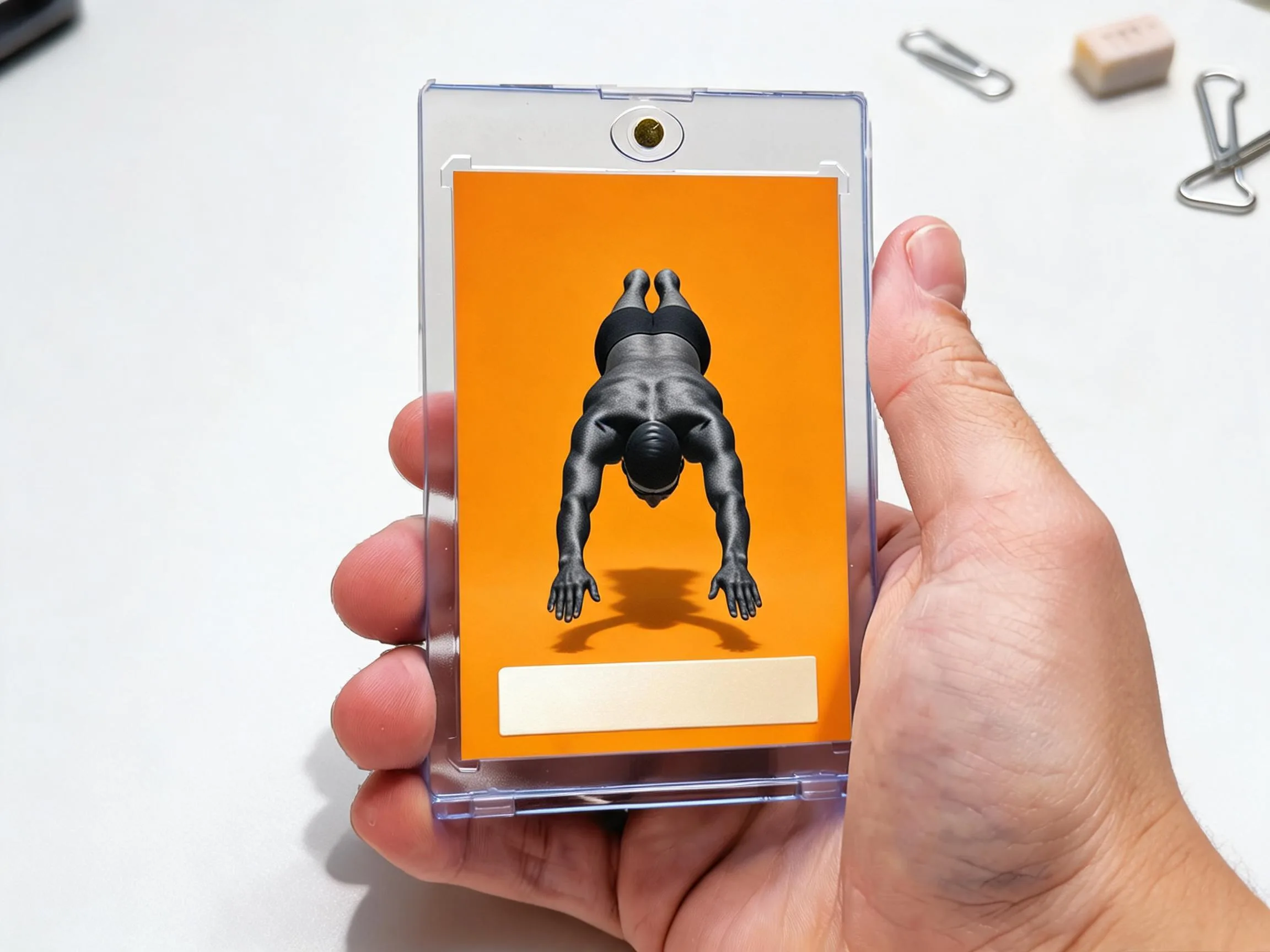 Custom keepsake trading card of an athlete in a magnetic acrylic display case.