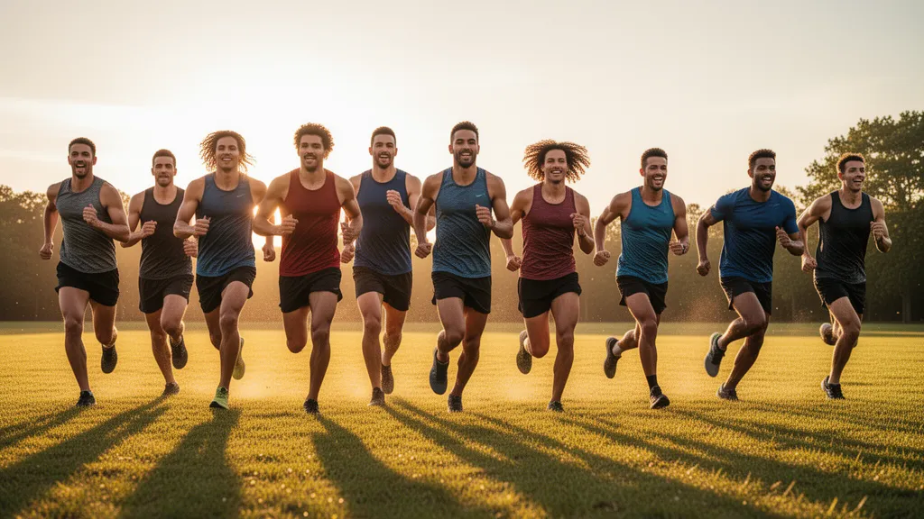 Team of athletes running together across sunny outdoor field in motion.