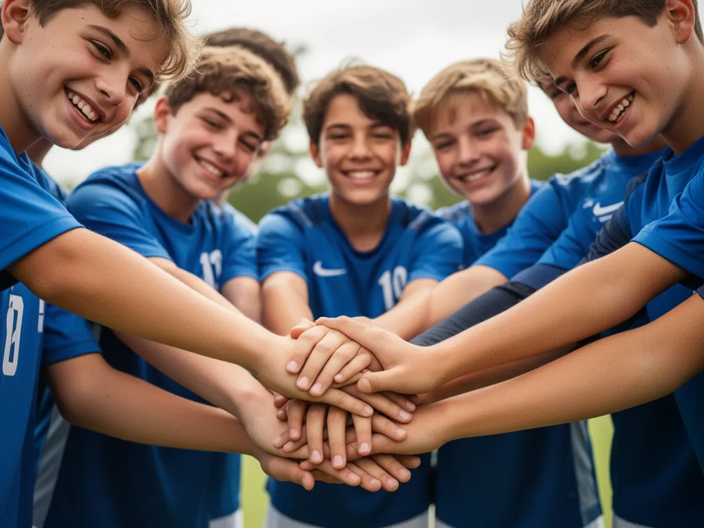 Athletes stacking hands together in huddle showing teamwork and celebration unity.