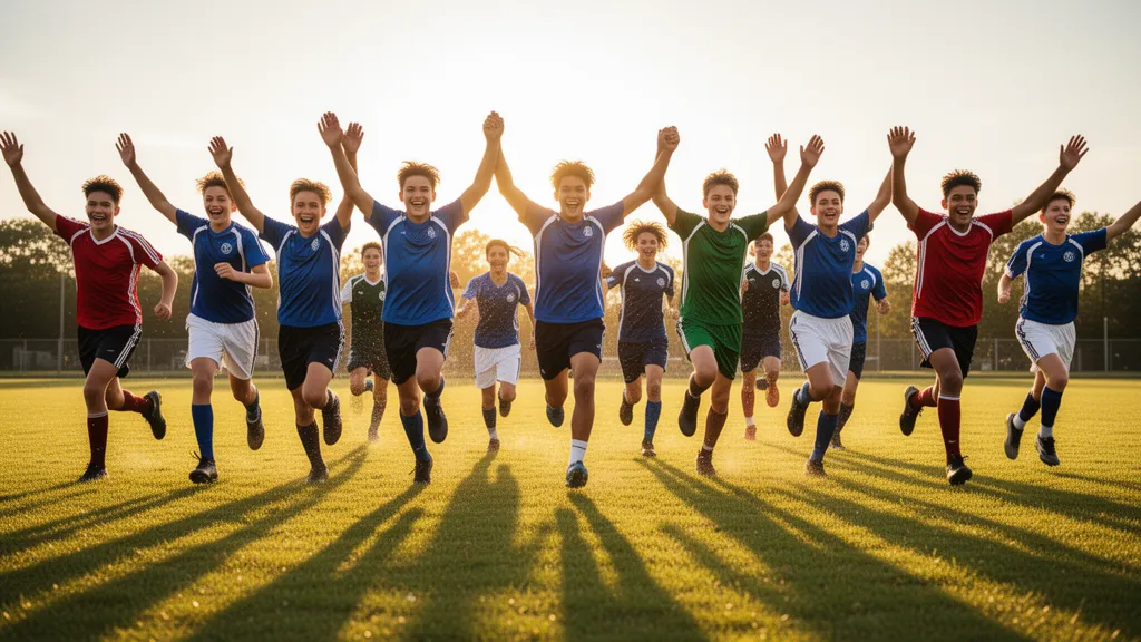 Young athletes from different sports running together outdoors in golden sunlight, celebrating team unity and fundraising spirit