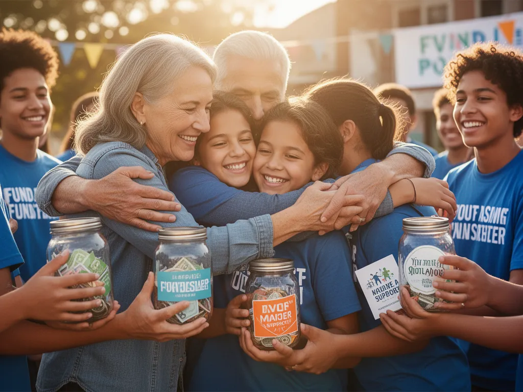 Parents and young athletes embracing in celebration after successful team fundraiser event with donation jars